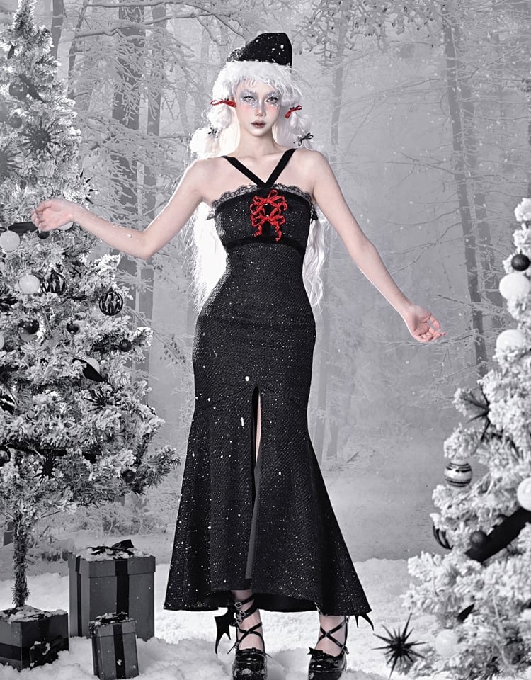 Gothic Christmas Lace Mermaid Skirt Tweed Sheath Dress