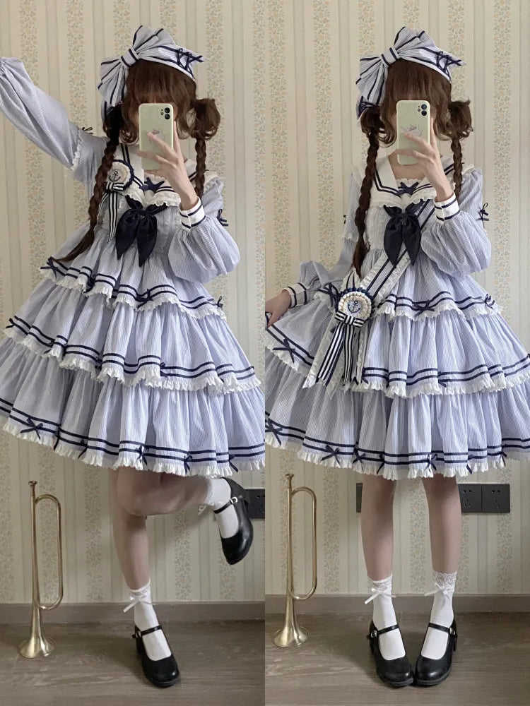 Striped Blue with Sleeves Detachable Lolita Collar Summer Dress Short Sailor