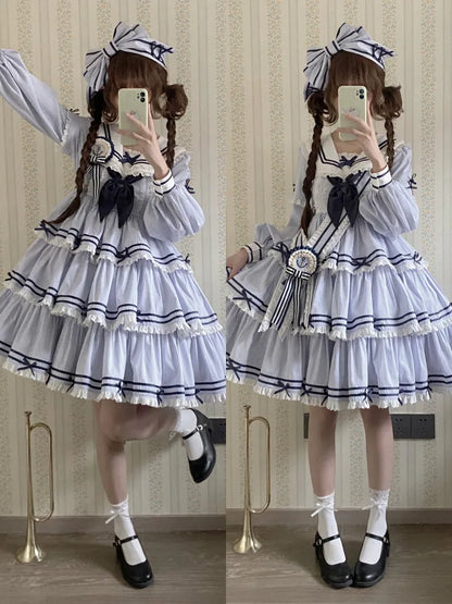 Striped Blue with Sleeves Detachable Lolita Collar Summer Dress Short Sailor