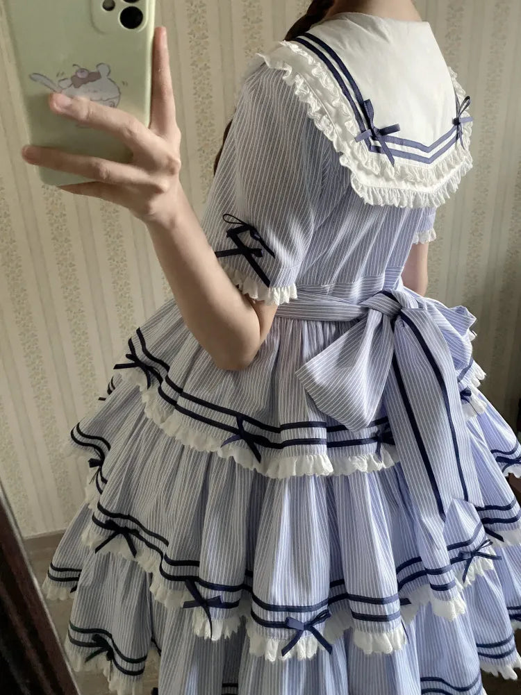 Striped Blue with Sleeves Detachable Lolita Collar Summer Dress Short Sailor
