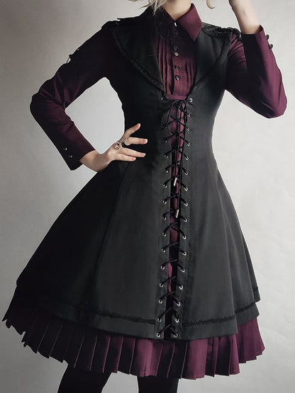 Dark Red Pleating Placket Black Patch Shirt