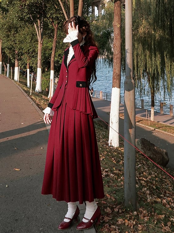 Plus Size Friendly-Wine Red Pleating Details Blazer Skirt Set