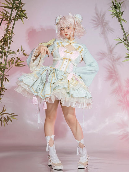 Hellgrünes und rosa Qi-Lolita-Kleid mit Korsett-Taille und großer Schleife an der Taille