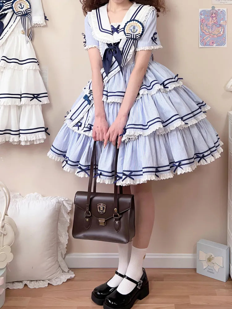 Striped Blue with Sleeves Detachable Lolita Collar Summer Dress Short Sailor
