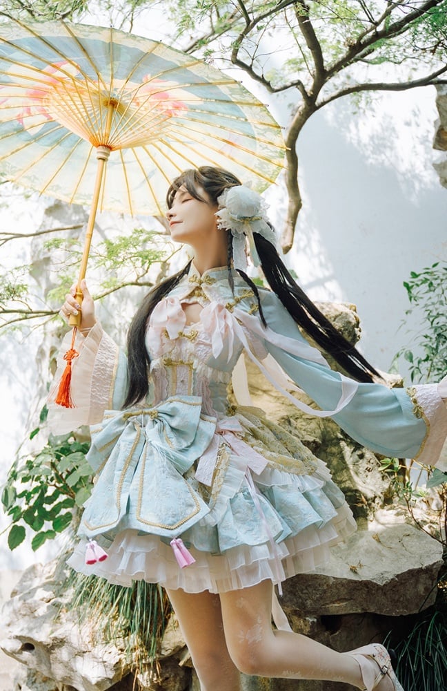 Hellgrünes und rosa Qi-Lolita-Kleid mit Korsett-Taille und großer Schleife an der Taille