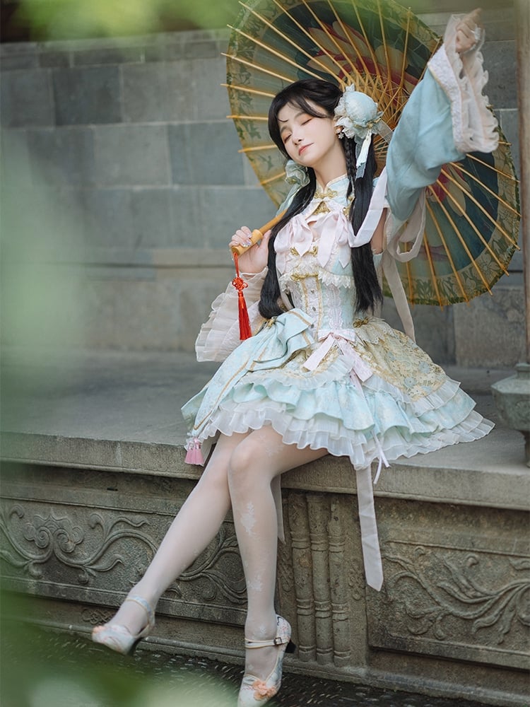 Hellgrünes und rosa Qi-Lolita-Kleid mit Korsett-Taille und großer Schleife an der Taille