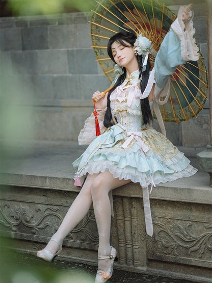Hellgrünes und rosa Qi-Lolita-Kleid mit Korsett-Taille und großer Schleife an der Taille
