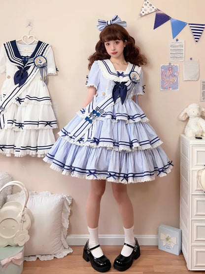 Striped Blue with Sleeves Detachable Lolita Collar Summer Dress Short Sailor