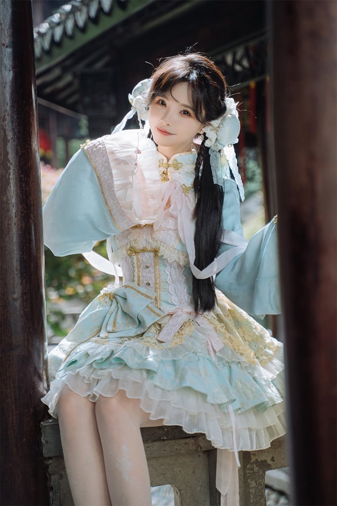 Hellgrünes und rosa Qi-Lolita-Kleid mit Korsett-Taille und großer Schleife an der Taille