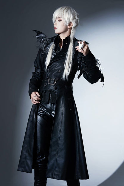 Dragon's Breath Black Faux Fur Collar PU Leather Trench Coat