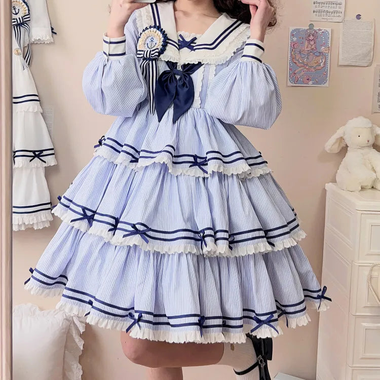 Striped Blue with Sleeves Detachable Lolita Collar Summer Dress Short Sailor