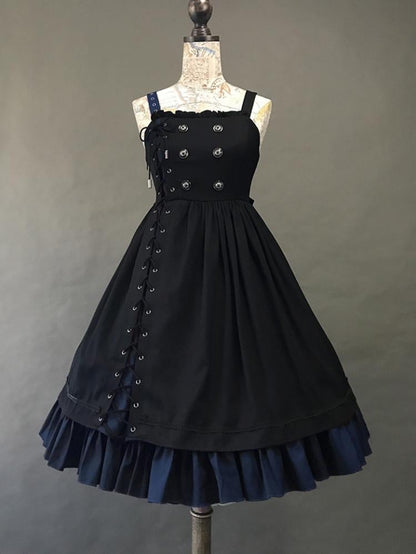 Black & Blue Asymmetrical Lace-up Front Jumper Skirt