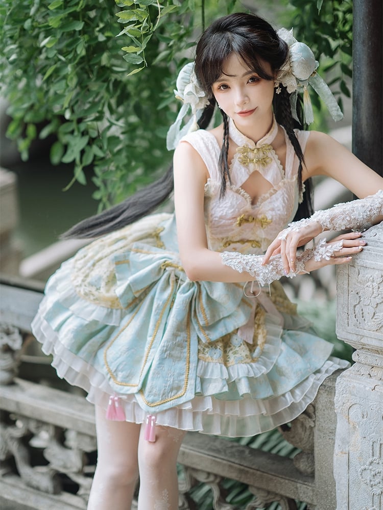 Hellgrünes und rosa Qi-Lolita-Kleid mit Korsett-Taille und großer Schleife an der Taille