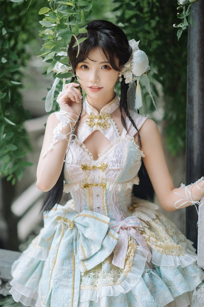 Hellgrünes und rosa Korsettkleid im Chinoiserie-Stil, Qi Lolita JSK-Set