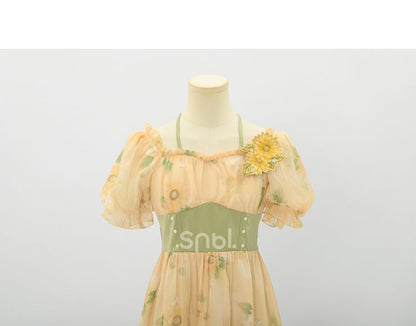 Halter Sunflowers Free Brooch Print Dress Neck