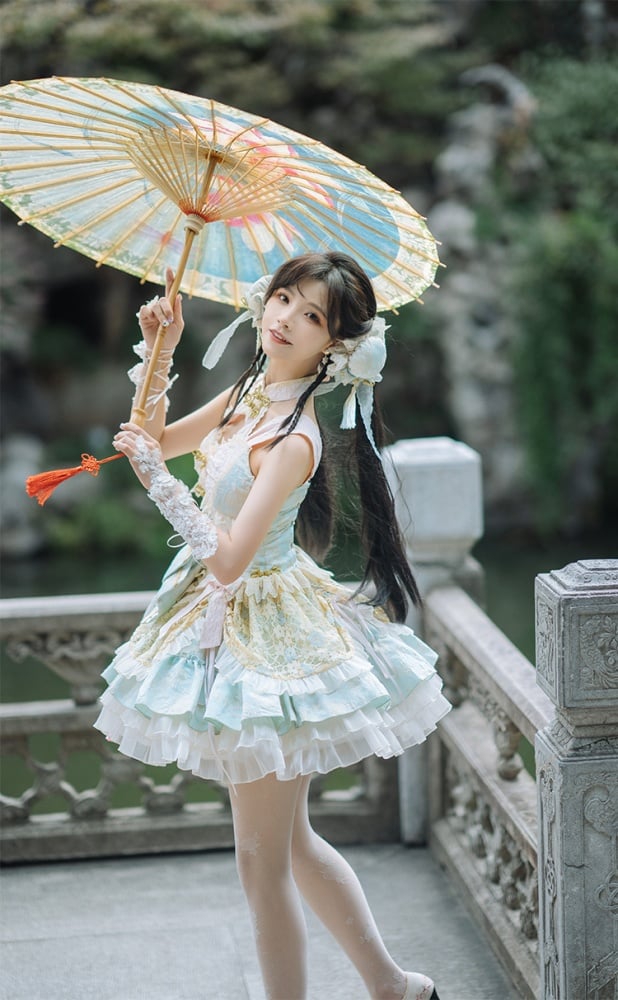 Hellgrünes und rosa Korsettkleid im Chinoiserie-Stil, Qi Lolita JSK-Set