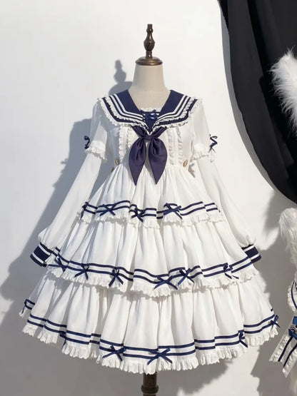 Full Sailor Lolita Skirt Set Summer Dress Tiered White OP