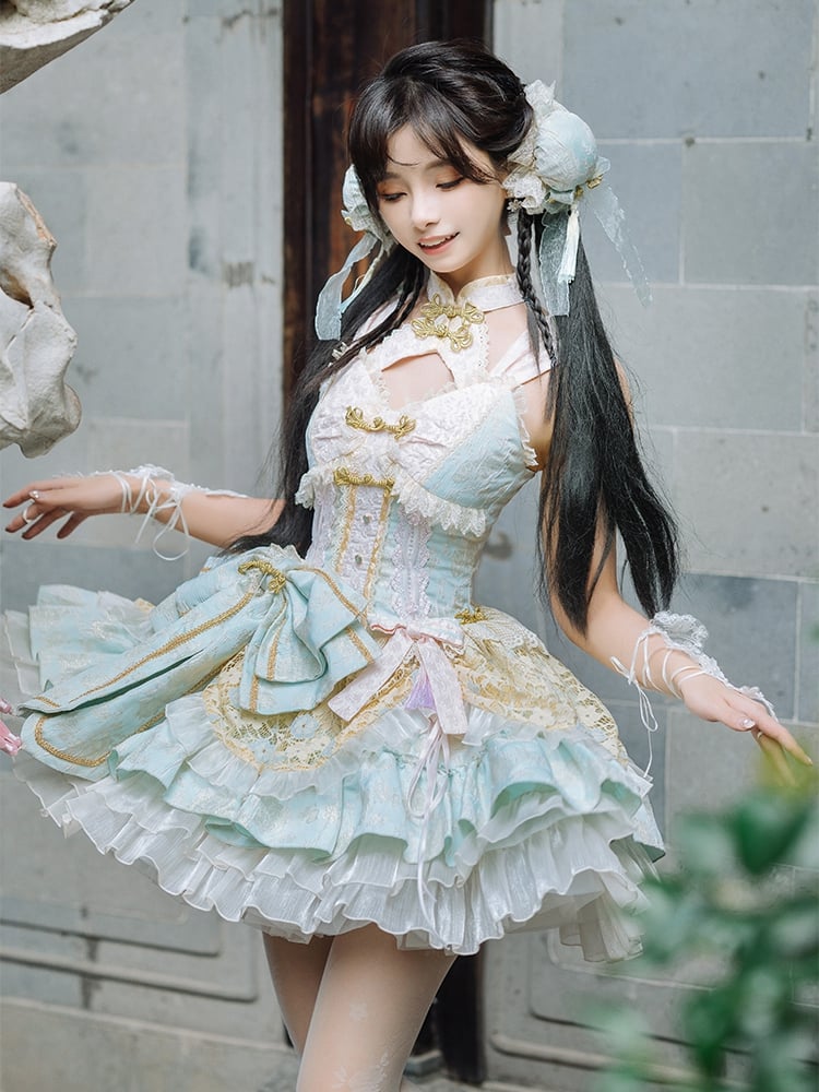 Hellgrünes und rosa Qi-Lolita-Kleid mit Korsett-Taille und großer Schleife an der Taille