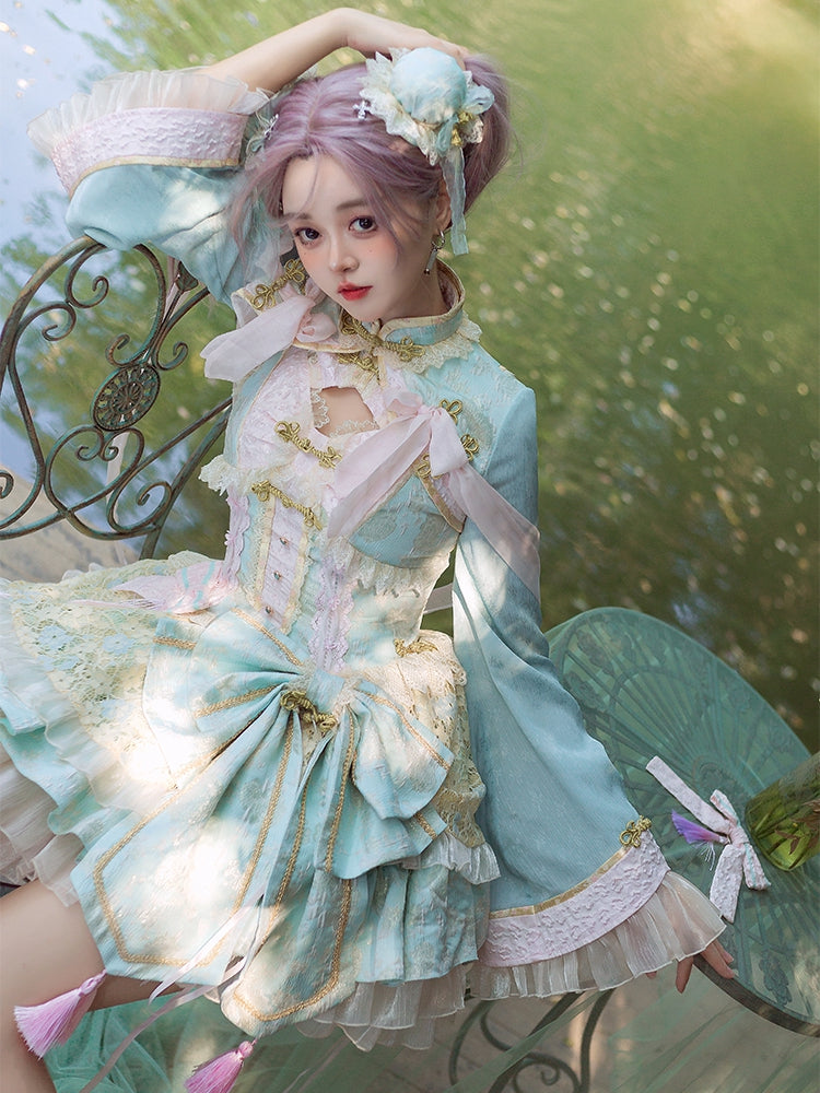 Hellgrünes und rosa Qi-Lolita-Kleid mit Korsett-Taille und großer Schleife an der Taille