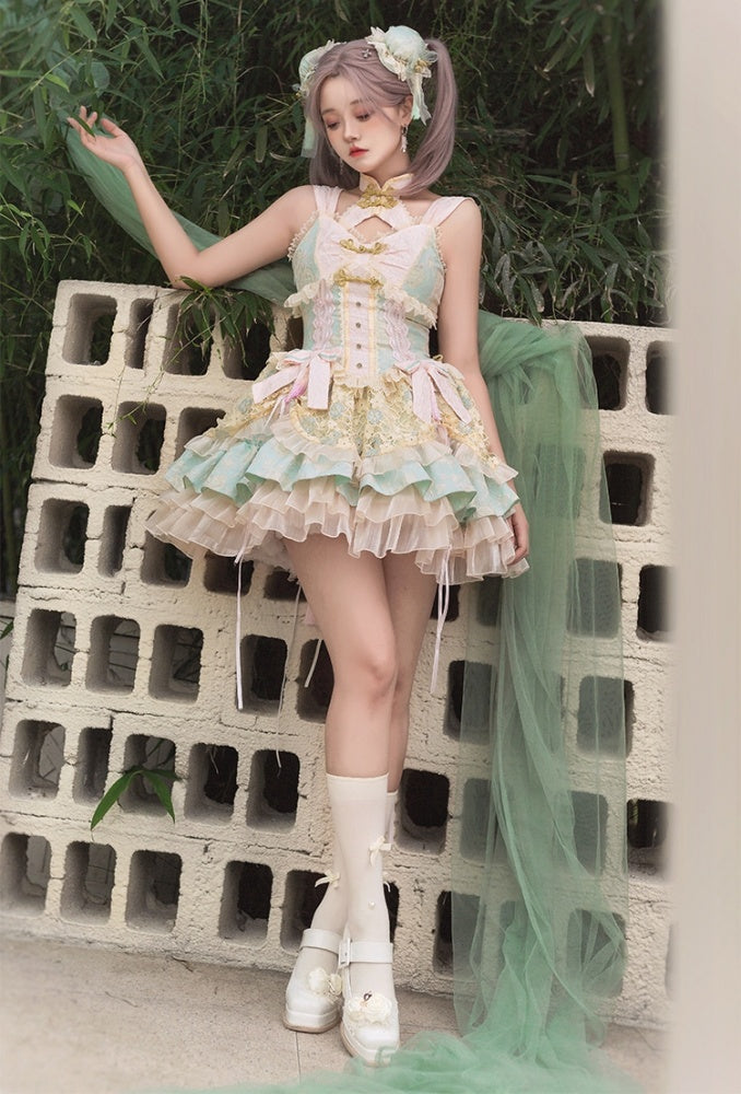 Hellgrünes und rosa Qi-Lolita-Kleid mit Korsett-Taille und großer Schleife an der Taille
