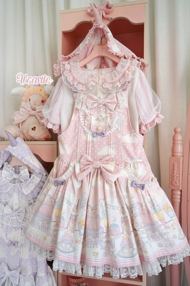 Robe salopette à capuche amovible Sweet Lolita rose licorne et dessert