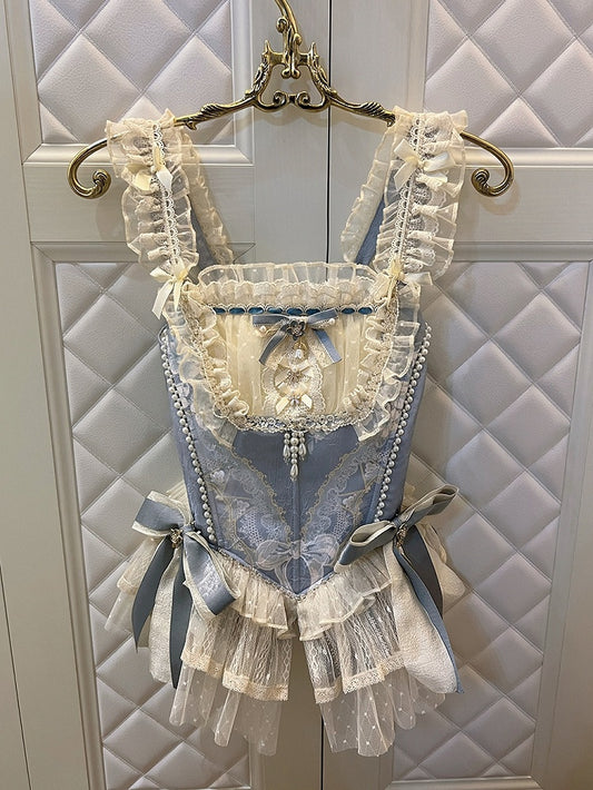 Details Top Corset Bows Two and Blue with Bead Boned