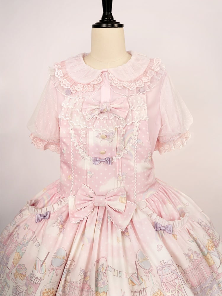 Pink Ruffle Trimming Peter Pan Collar Short Sleeves Blouse