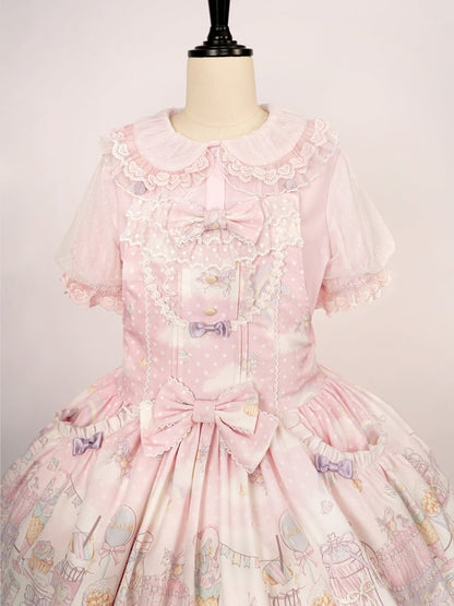 Pink Ruffle Trimming Peter Pan Collar Short Sleeves Blouse