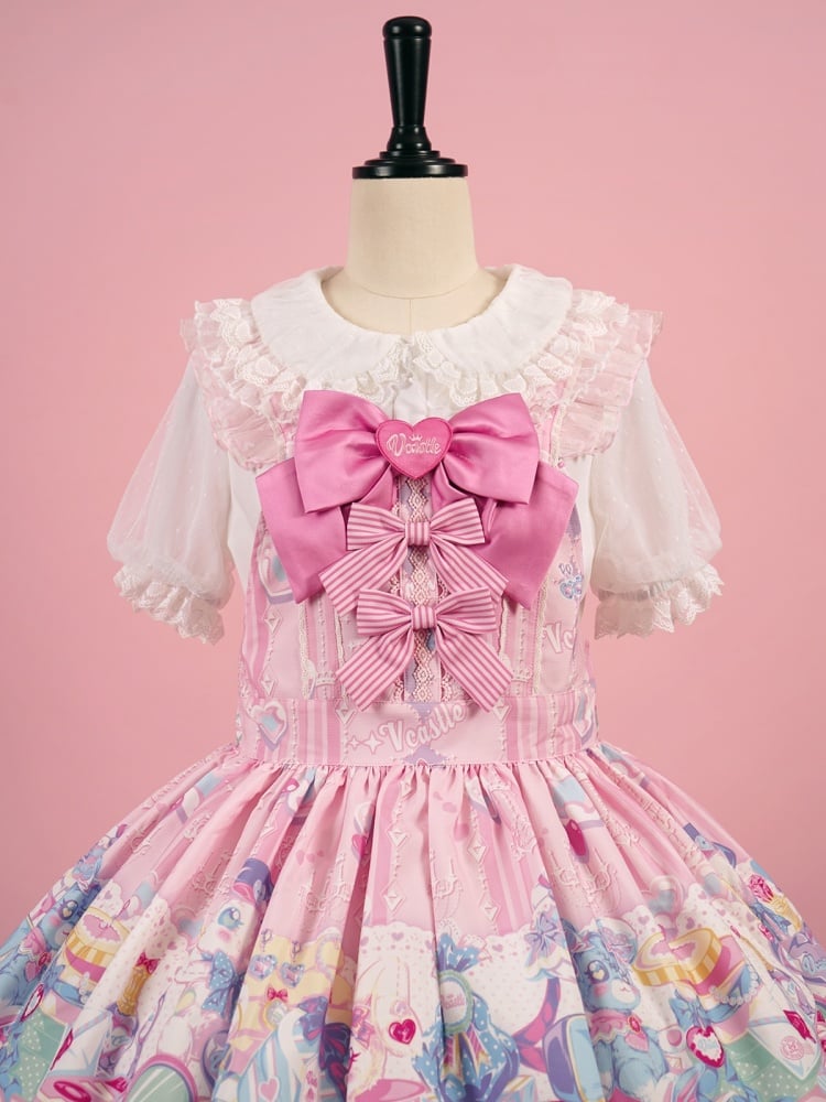 White and Pink Ruffle Trimming Peter Pan Collar Short Sleeves Blouse