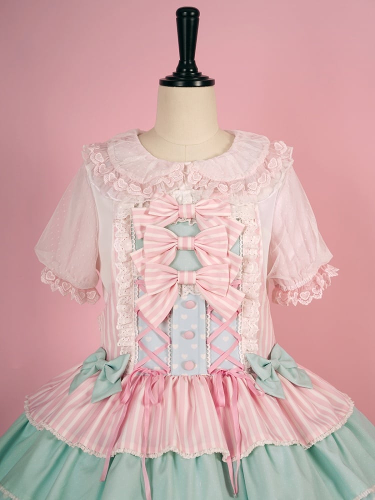 White and Pink Ruffle Trimming Peter Pan Collar Short Sleeves Blouse