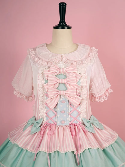 White and Pink Ruffle Trimming Peter Pan Collar Short Sleeves Blouse