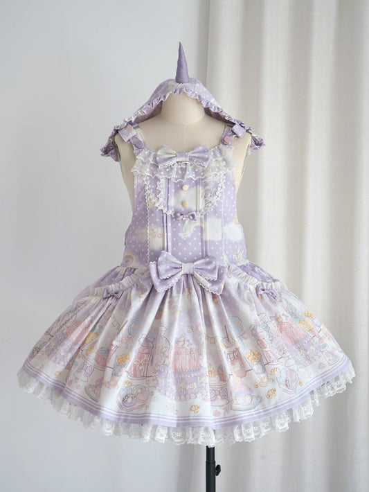 Robe salopette à capuche amovible Sweet Lolita violette licorne et dessert