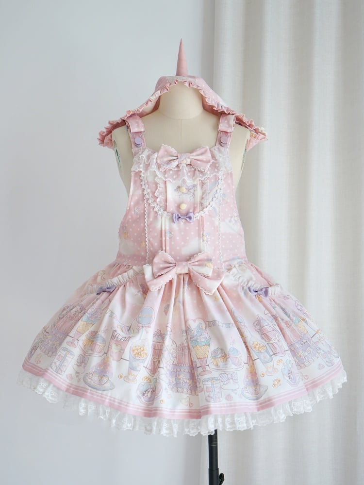 Robe salopette à capuche amovible Sweet Lolita rose licorne et dessert