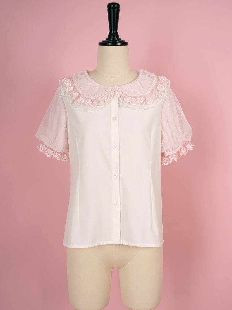 White and Pink Ruffle Trimming Peter Pan Collar Short Sleeves Blouse