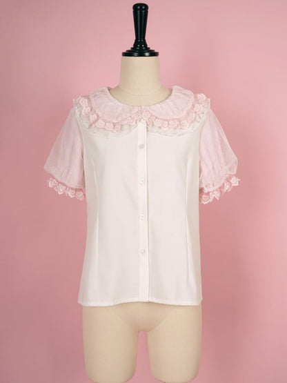 White and Pink Ruffle Trimming Peter Pan Collar Short Sleeves Blouse