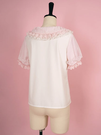 White and Pink Ruffle Trimming Peter Pan Collar Short Sleeves Blouse