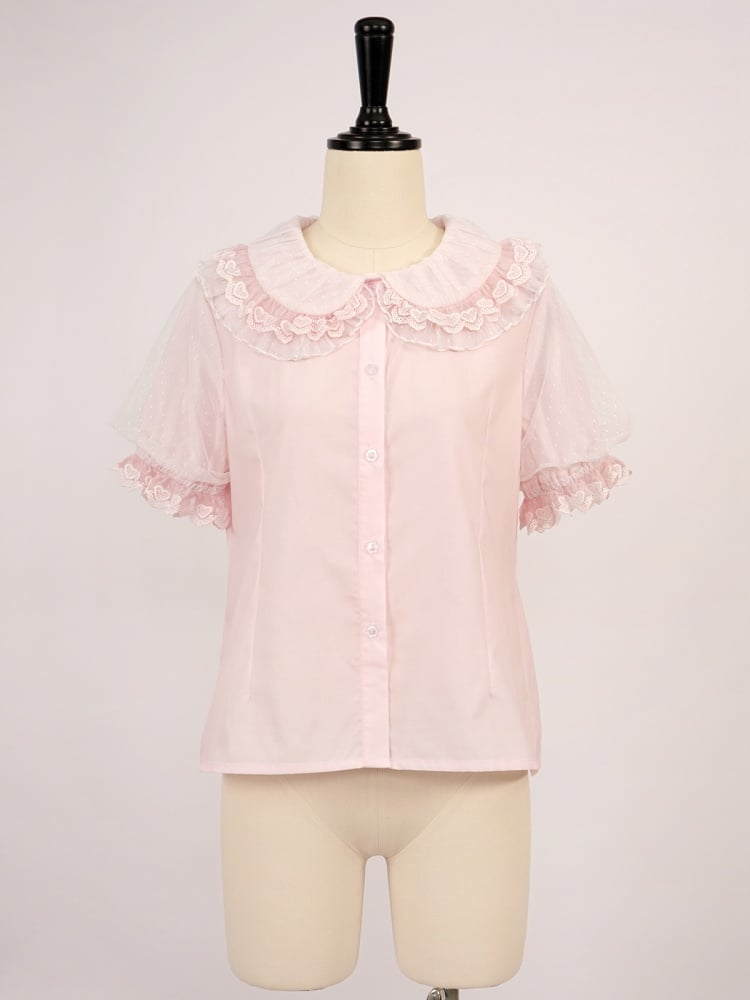 Pink Ruffle Trimming Peter Pan Collar Short Sleeves Blouse
