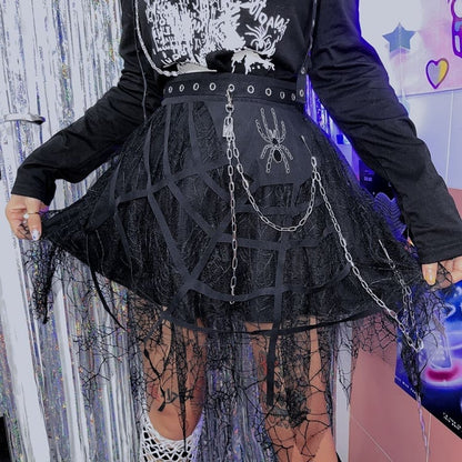 Spider Web Handkerchief Hem Skirt with Chain