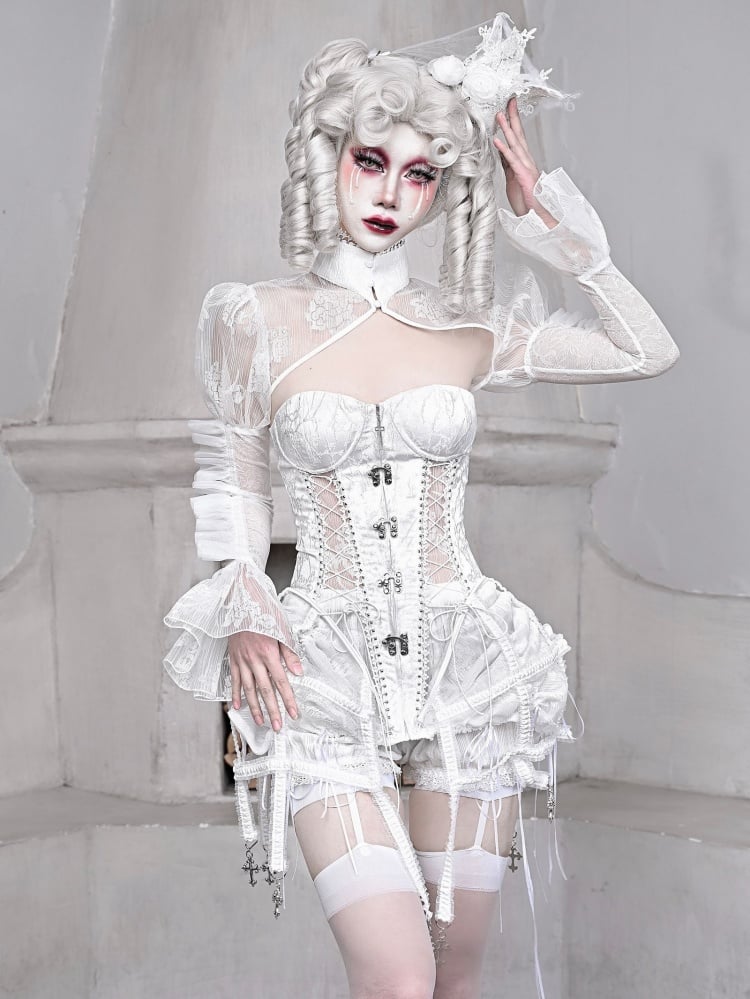 White Goth Style Birdcage Skirt and Bustier Corset Set