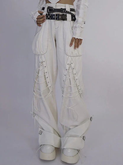 Bund Denim Details (Hüftgurte Doppel Hose Schnürung Weiß Enthalten) Nicht