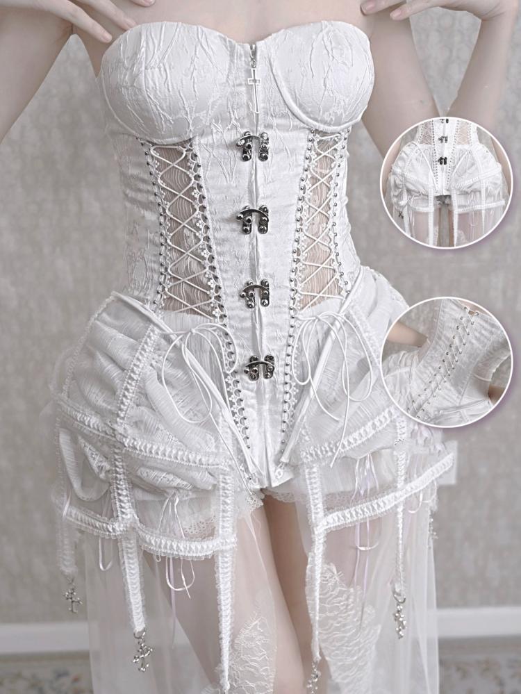 White Goth Style Birdcage Skirt and Bustier Corset Set