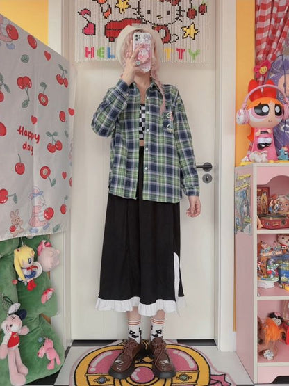 Side Waist Ruffle Shirring Black Skirt Slit Trim