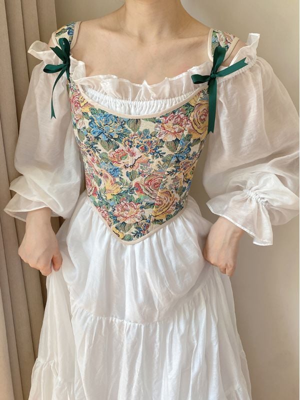 Oil Painting Floral Corset with Scoop Neckline