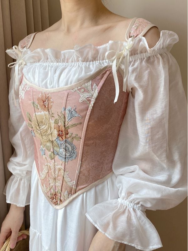 Pink Floral  Scoop Neckline Corset