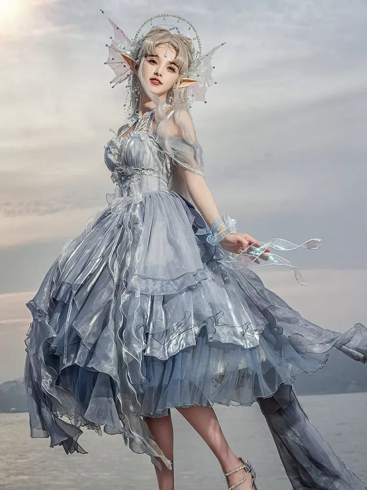 Dress Cascading Blue Fairy Dusty JSK Skirt Waist Princess Lolita Corset Layered Trim Ruffle