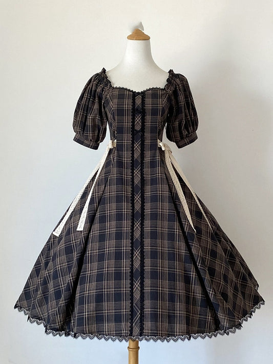 Schwarzes Kleid Fit Muster Schlanke Taille Plaid Kurze Ärmel Lolita