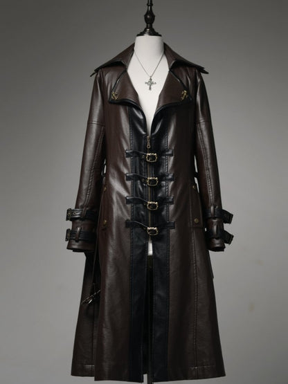 Midnight Hunter Brown Steampunk Lolita PU Leather Trench Coat