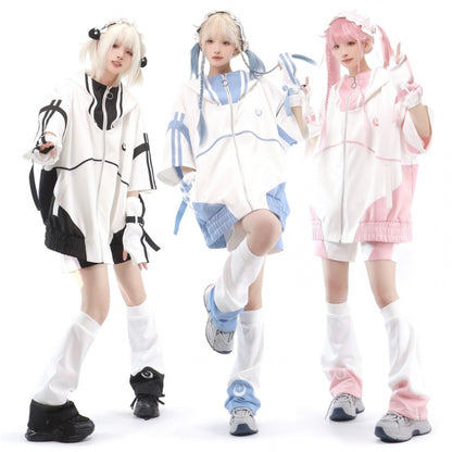 Light Blue and White Zip Up Front Sweatershirt Elbow-length Sleeves Tenshi Kaiwai Jacket