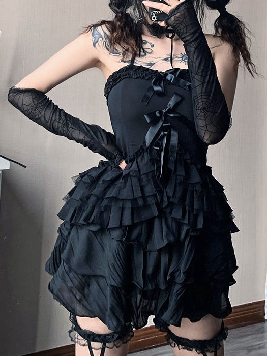 Black Tiered Ruffle Hem Top with Bowknots