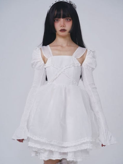 Leg-of-Mutton Sleeves Tiered Skirt White Dress